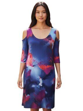 Clara Sunwoo Abstract Watercolor Cold Shoulder Midi Dress Purple Blue Size Large